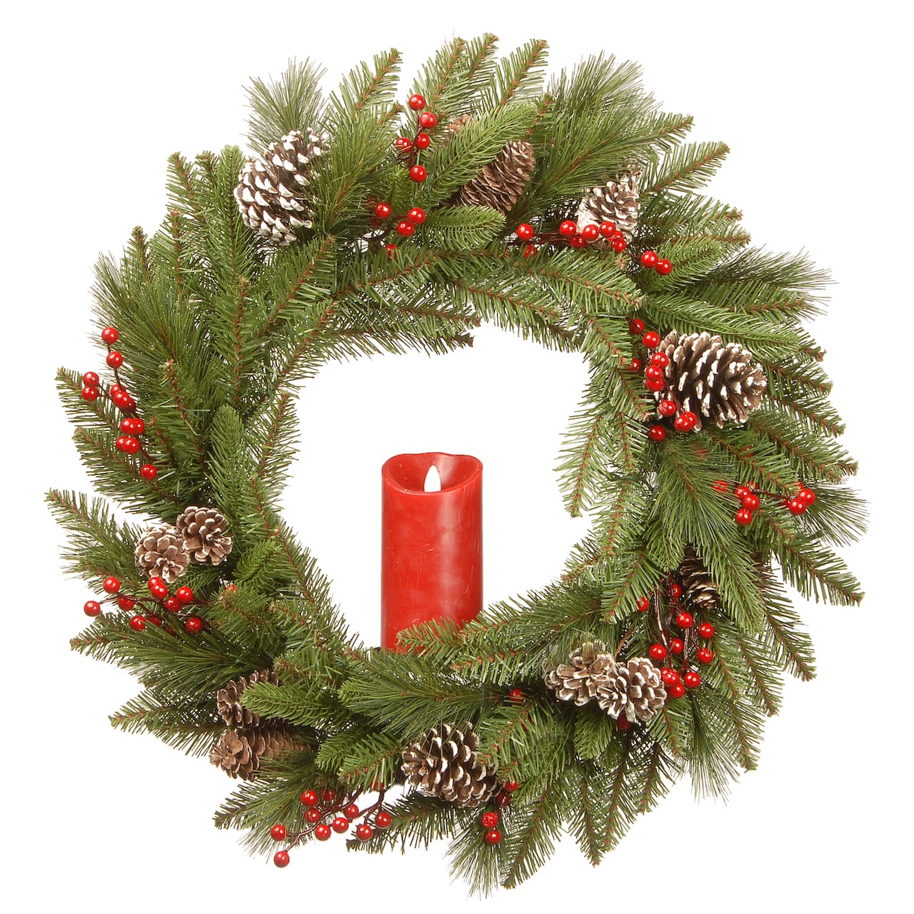 24&#x22; Feel Real&#xAE; Bristle Berry Wreath with Red Electronic Candle, Red Berries &#x26; Cones